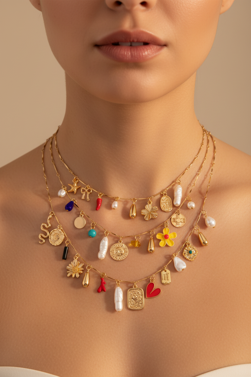 3-Tier Charm Necklace on Model
