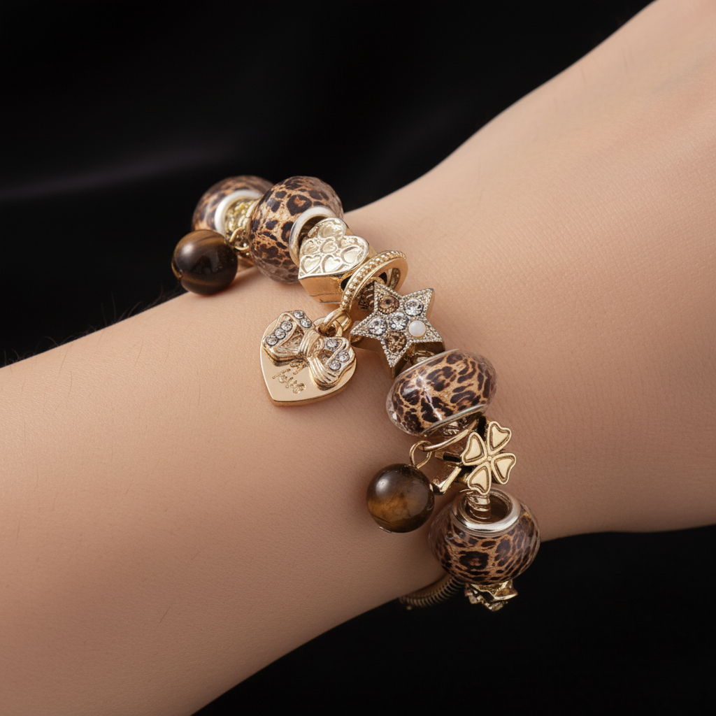 Gold Leopard Charm Bracelet on Wrist