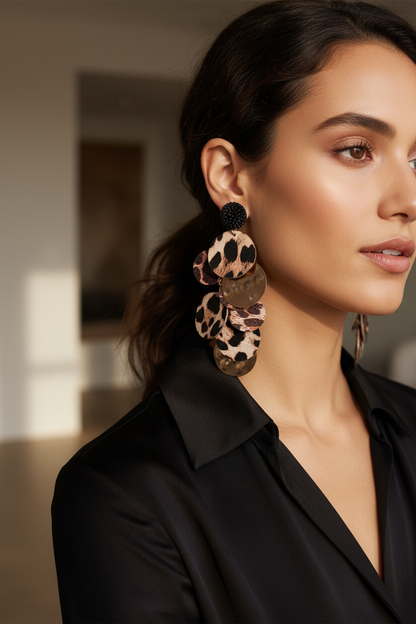 Leopard Disc Earrings Being Worn