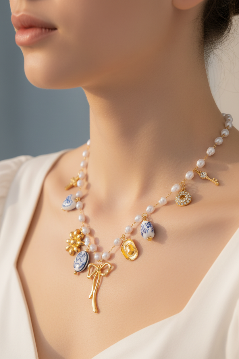 Pearl Charm Necklace on Neck