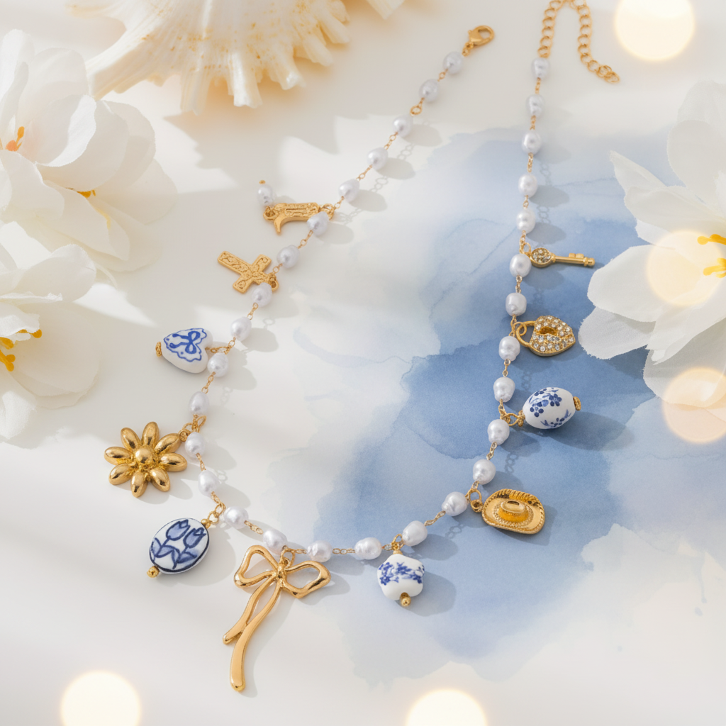 Pearl Charm Necklace Styled Background