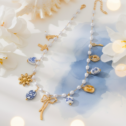 Pearl Charm Necklace Styled Background