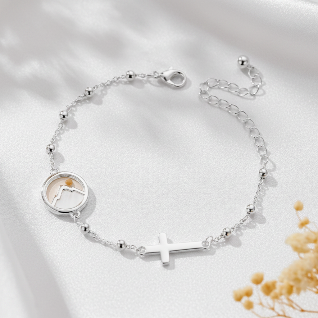 Silver Faith Bracelet on White Silk